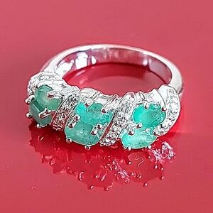 NATURAL GREEN EMERALD & WHITE CZ 925 STERLING SILVER RING SIZE 6.5